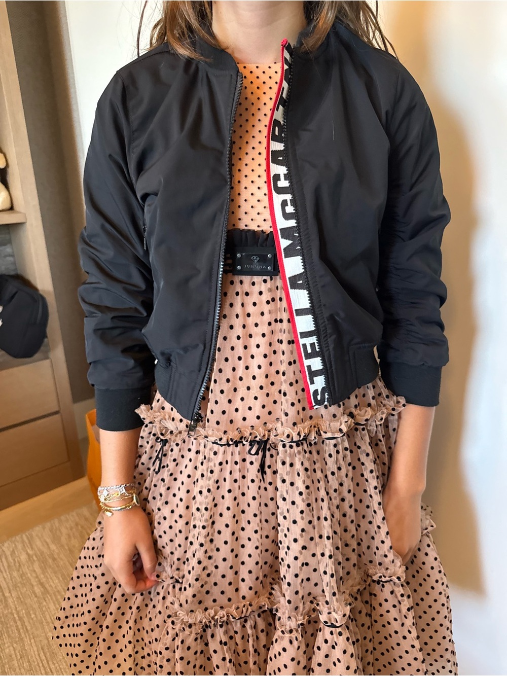 Stella McCartney Kids Black Bomber Jacket with Logo Trim